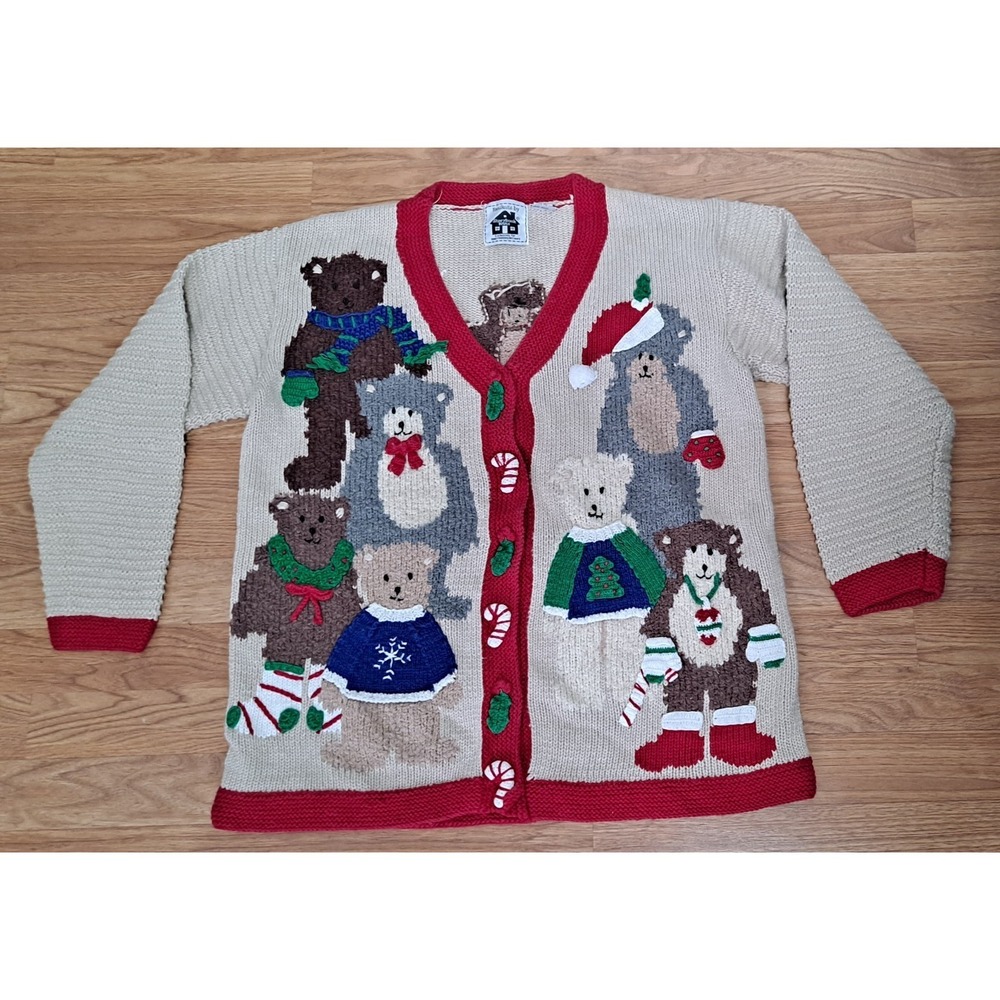 Storybook Knits Christmas Holiday Teddy Bears Cardigan Sweater Women's M